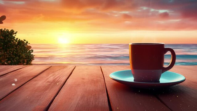 coffee cup on wood table at sunset or sunrise beach. sunset on the beach. seamless looping overlay 4k virtual video animation background 