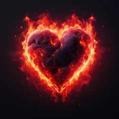 Fotobehang Fiery burning heart on black background. Orange, yellow and red flame. Concept of love and passion. AI Generated  © Serhii