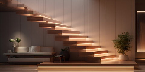 Modern shape wooden cantilever staircase with tempered glass panels, tropical tree in pot, sunlight from window. - obrazy, fototapety, plakaty