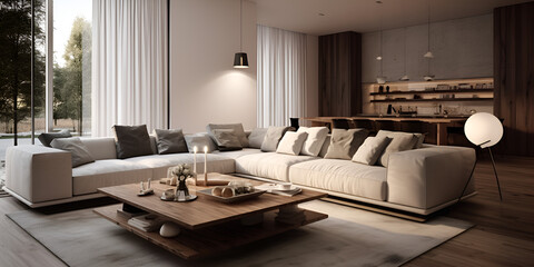 A Stylish Living Room Oasis Featuring a Luxurious Sofa Against a Serene Light Wall Modern living room interior with sofa and coffee table. Mock up, 3D Rendering.