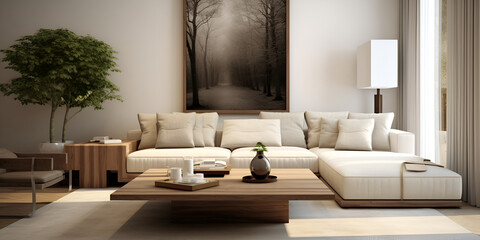 Interior of modern living room with white walls, wooden floor, comfortable white sofa and coffee table. a living room with white furniture and a painting on the wall.