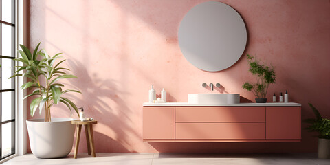 Modern minimalist bathroom interior, pink bathroom cabinet, white sink, wooden vanity, interior plants, bathroom accessories, orange-white bathtub, concrete wall, terrazzo flooring. 