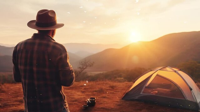 hiker man in a hat standing holding a coffee cup. beautiful nature background with camping. seamless looping overlay 4k virtual video animation background 