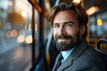 Portrait of a happy business man traveling by bus taking public transportation to reduce air pollution , businessman going to work by bus,copy space.