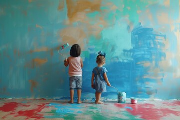 Obraz premium Kids siblings engaged in home room wall painting using paint roller , family doing DIY energy efficiency renovation work of their house,copy space.