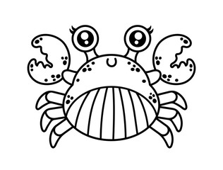 Crab vector illustration. Friendly crustacean animal with a spotted shell and claws. Funny ocean pet smiles. Coloring page for children, kids. Outline, black doodle. Comic clipart isolated on white