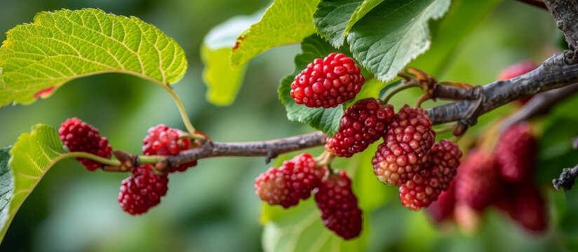 Close-up of red mulberries on brown branches and green leaves.