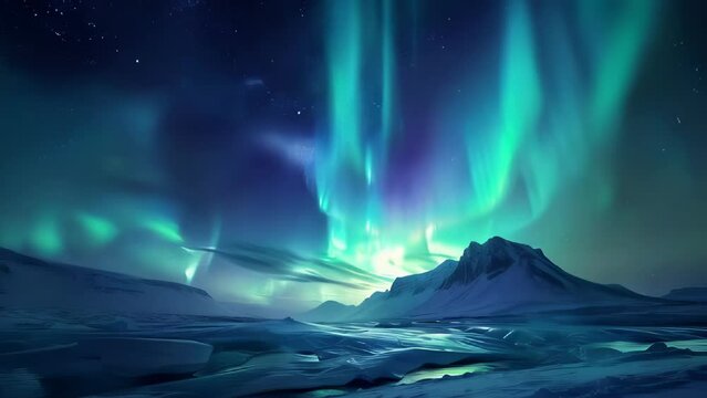 Northern lights Aurora borealis over snowy mountain landscape, 3d illustration