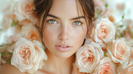 Naklejka premium Beautiful white girl with flowers. Stunning brunette girl with big bouquet flowers of roses. Closeup face of young beautiful woman with a healthy clean skin. Pretty woman with bright makeup