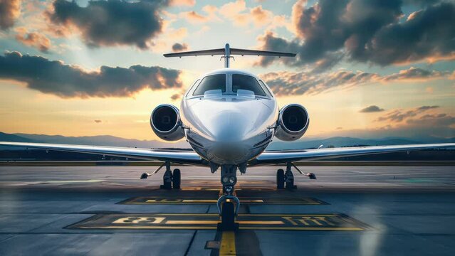 Animation private jet parked on the airport runway. seamless 4k video background. generated with ai