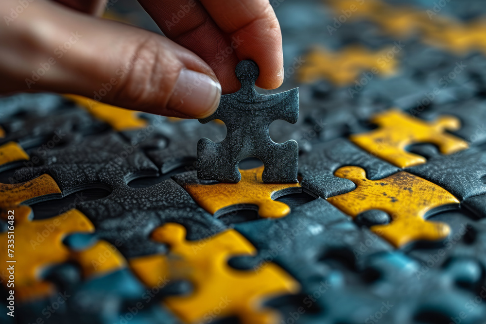 Poster a hand placing a puzzle piece into a business puzzle emphasizes the importance of aligning different