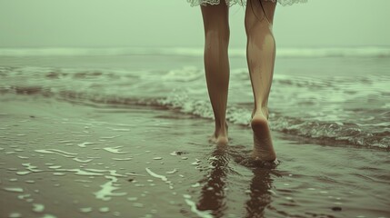 Woman foot walking on sea beach sand footstep concept. Banner background design
