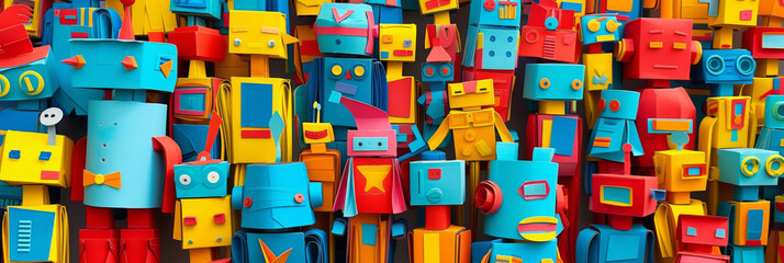 a colorful arrangement of paper toy robots, generative AI