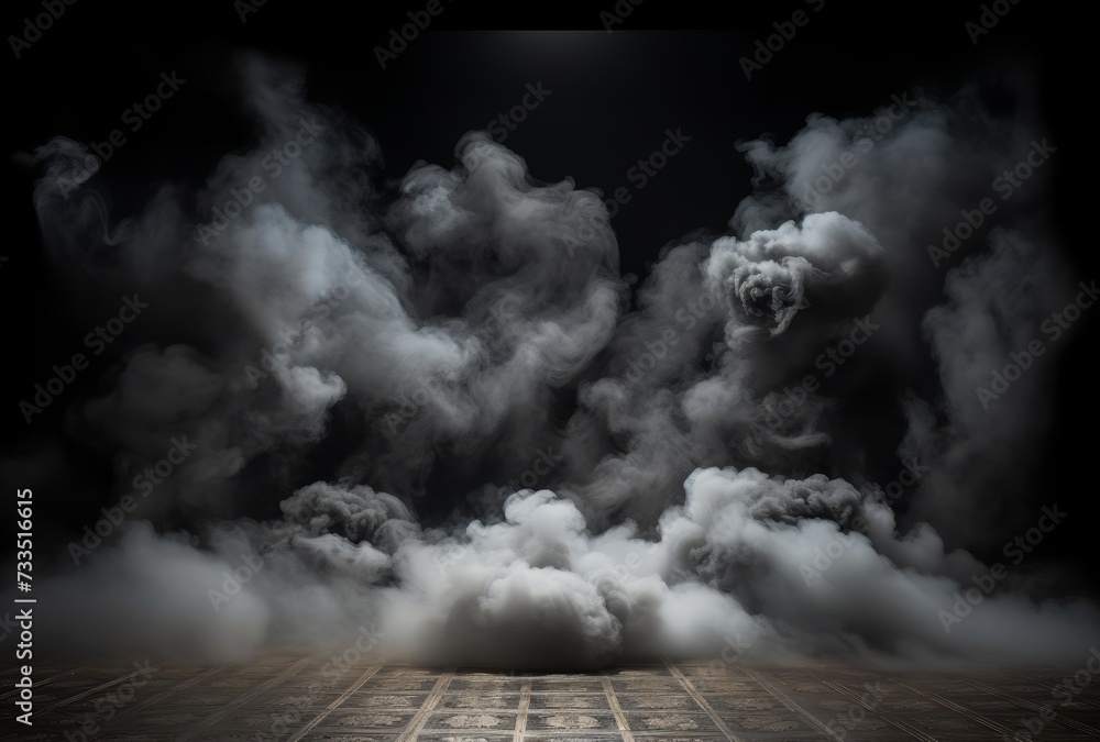 Poster Empty background scene. Dark street reflection on wet asphalt. Rays of neon light in the dark, smoke. Background of an empty stage show