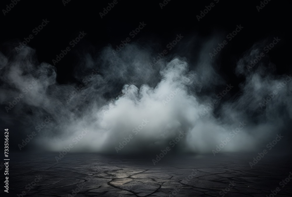 Poster Empty background scene. Dark street reflection on wet asphalt. Rays of neon light in the dark, smoke. Background of an empty stage show