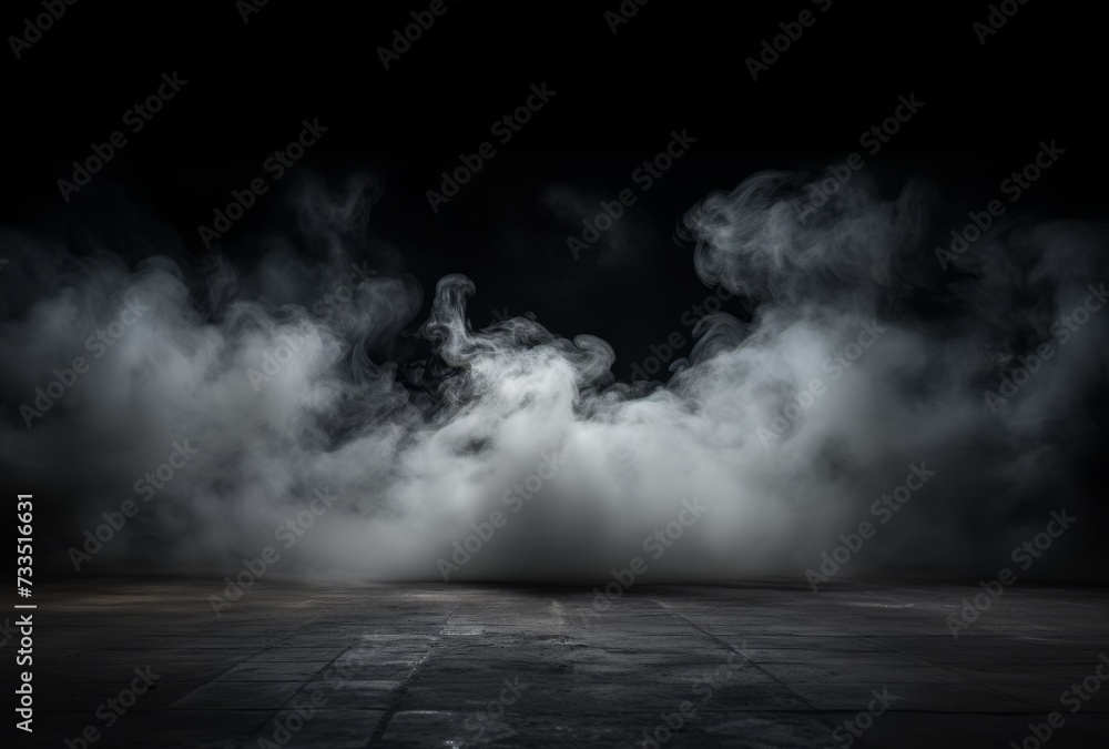 Poster Empty background scene. Dark street reflection on wet asphalt. Rays of neon light in the dark, smoke. Background of an empty stage show