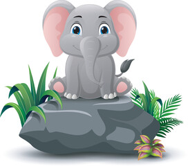 Cute elephant cartoon sitting on the stone