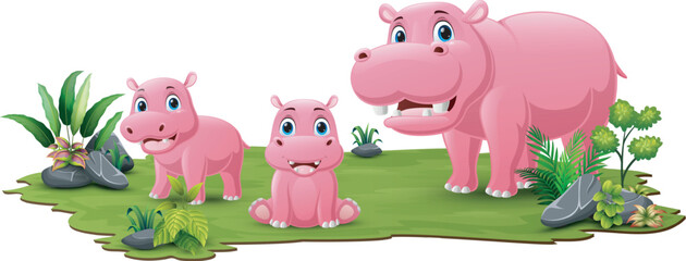 Cute family hippos cartoon in the grass