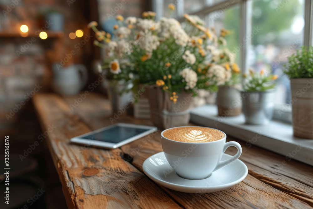 Poster a tablet and smartphone mockup on a coffee shop table, offering a cozy setting for presenting mobile