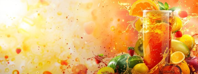 Refreshing Beverages: Vibrant Background for Banner Design with Healthy Mixed Vegetable and Fruit Splash - obrazy, fototapety, plakaty