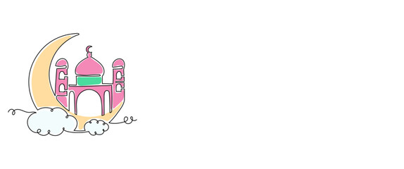 Illustration of a Mosque Inside a Crescent Moon Continuous Line Drawing Style. Ramadan Kareem Collections Element For Design