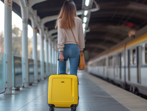 A young woman with a yellow suitcase at a modern transportation stop represents urban travel and transportation.