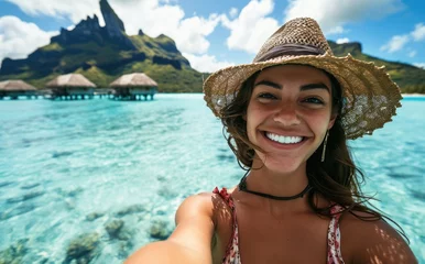 Crédence de cuisine en verre imprimé Bora Bora, Polynésie française Tropical Selfie Delight: Native Woman's Joyful Journey, Capturing a Breathtaking Selfie on Bora Bora Beach, Embracing the Exotic Beauty of Polynesia's Sunlit Shores.  