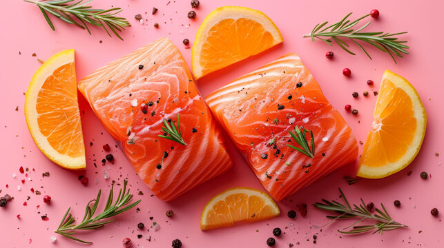 Close up of garnished salmon with orange slices prepped for summer barbecue or food blog