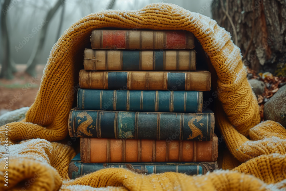 Poster a stack of well-loved books on a cozy reading nook, representing the endless adventures and knowledg
