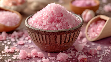 Fototapeta na wymiar Small bowl of pink, Himalayan, Sea salt, on a wood table.
