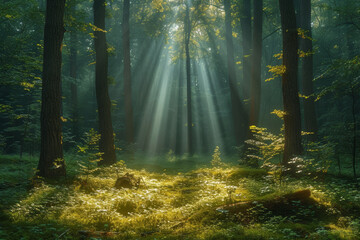 Obraz premium A tranquil forest scene with sunlight filtering through the trees, conveying the peace and serenity of nature. Concept of mindfulness and natural beauty. Generative Ai.