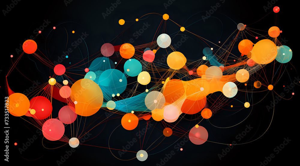 Poster dynamic network abstract with colorful nodes. abstract visualization of a dynamic network with inter