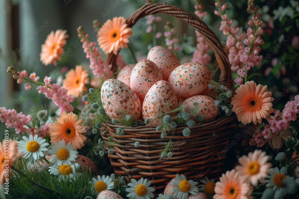 Sticker an intricately decorated easter basket filled with pastel-colored eggs, chocolates, and spring flowe