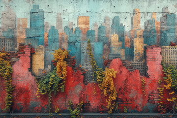 A captivating street mural depicting a city skyline, adding a touch of artistic flair to an urban environment. Concept of urban aesthetics. Generative Ai.