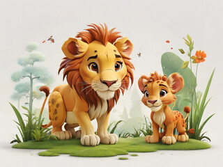 Obraz na płótnie Canvas lion and lion cubs in the jungle - illustration for children