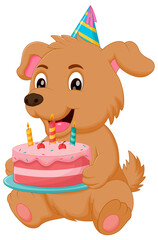 Cute Dog Cartoon Holding Birthday Cake Vector Illustration. Animal Nature Icon Concept Isolated Premium Vector	