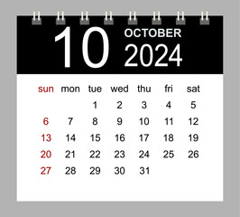 October 2024. Vector monthly calendar template 2024 year in simple style for template design. Week starts from Sunday.