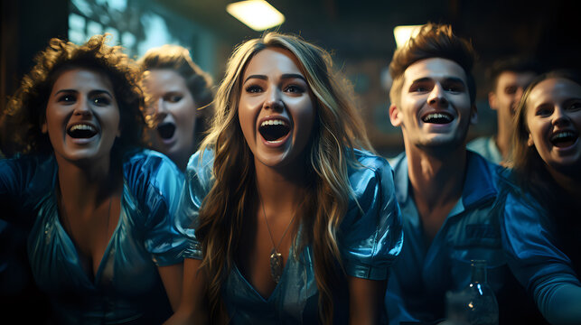 Exuberant Group Celebrating In Blue Shirts.

A Lively Group Of Young People In Blue Shirts, Sharing A Moment Of Joy And Celebration, Ideal For Depicting Friendship, Togetherness, And Social Events.