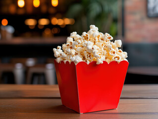 Cinema-inspired concept showcases a wooden table with a red cardboard box overflowing with fresh popcorn, creating a visually appealing display.