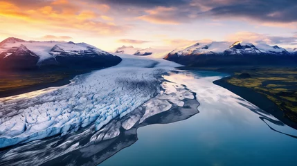 Fotobehang Aerial view of Iceland glaciers, volcanoes, waterfalls, black sand beaches, and otherworldly landscapes. View from drone. © sssimone