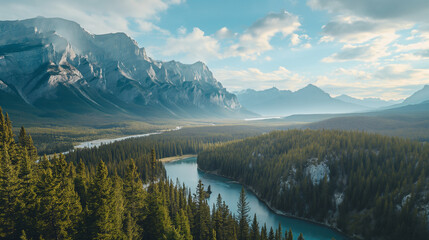 Banff National Park, Canada. View from drone. Glacial lakes, snow-capped mountains, alpine meadows, and dense forests - obrazy, fototapety, plakaty