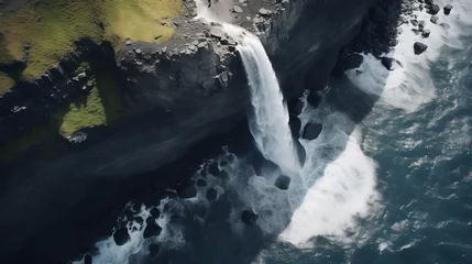 Fotobehang Aerial view of Iceland glaciers, volcanoes, waterfalls, black sand beaches, and otherworldly landscapes. View from drone. © sssimone