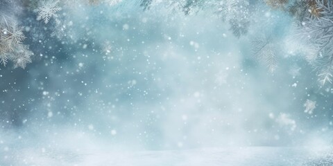 Naklejka premium Winter panorama with snow-covered branches of plants on a blurred background during a snowfall