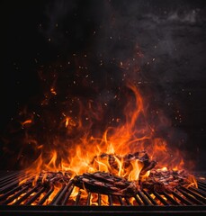 Grill Background. Barbecue Fire Grill close-up, isolated on Black Background - obrazy, fototapety, plakaty