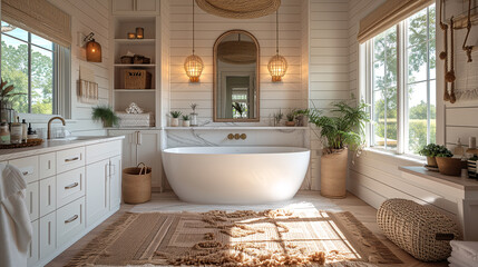 Nordic white bathroom with a bathtub, fluffy towels, and bath accessories, all in the Scandi Living style.