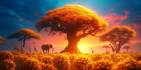African Savanna Sunset with Acacia Trees and Elephant