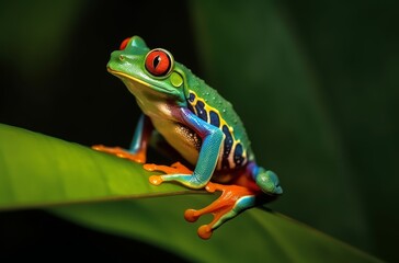 Fototapeta premium Bright red and green colored frog sitting on a leaf