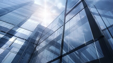 Modern office building with glass facade on a clear sky background. Transparent glass wall of office building. - obrazy, fototapety, plakaty