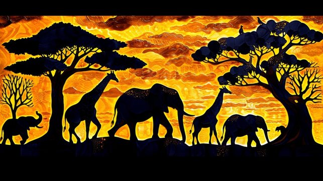 African Safari Silhouettes with Elephants and Giraffes at Sunset