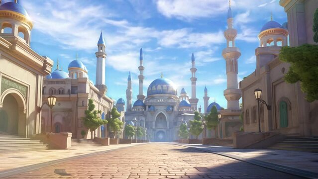 Animated illustration of a mosque building with a comfortable atmosphere for an Islamic theme. Digital painting or cartoon style animated background. 4k loop animation.